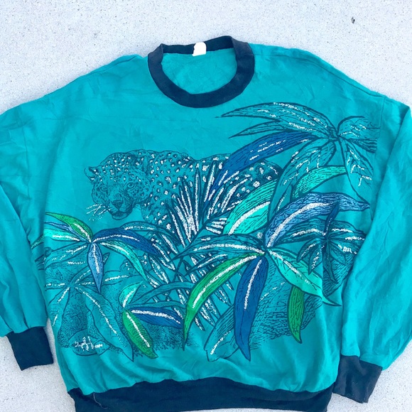 Vintage Tops - VINTAGE Oversized turquoise SWEATSHIRT tiger Green